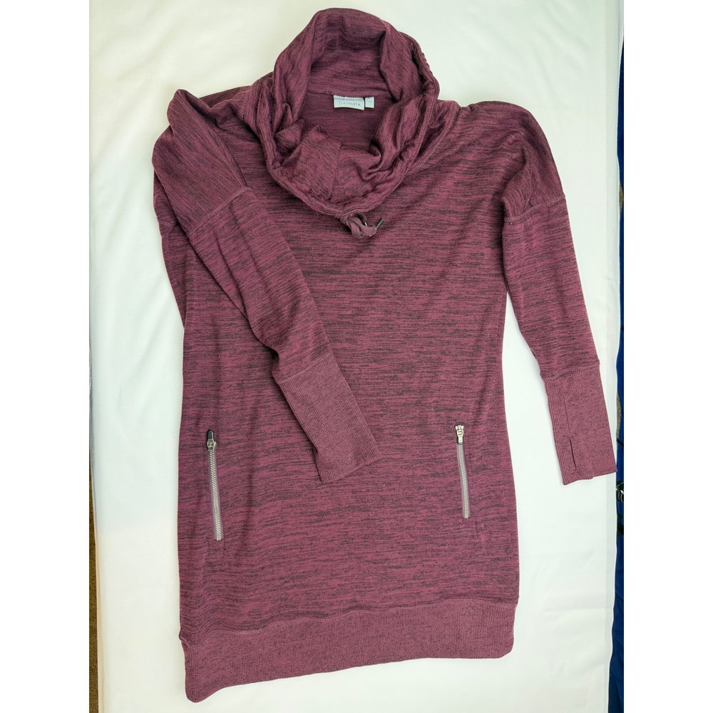 Athleta Women Cowl Neck Tunic Sweatshirt Burgundy Space Dye Zipper Pockets M